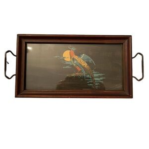 Vintage Pheasant Wood and Glass Tray with Brass Handles